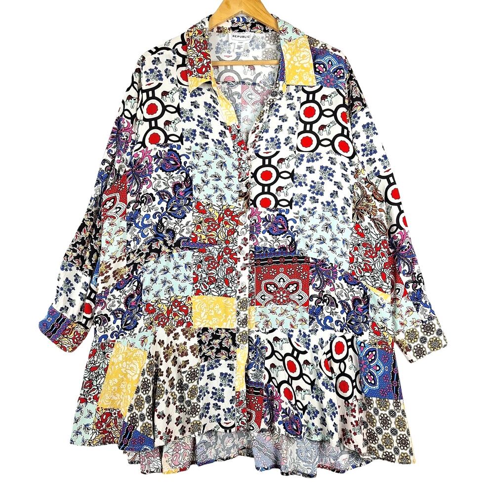 FOR THE REPUBLIC Shirtdress sz2X  Patchwork Floral Hippie Feminine Tunic